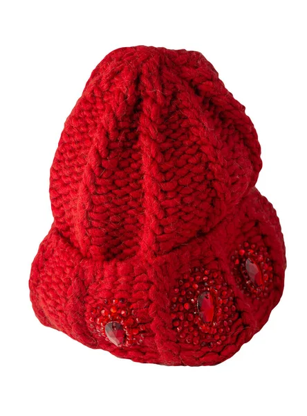 Hat Red Knitted Isolated White Background Warm Winter Accessory — Stock Photo, Image