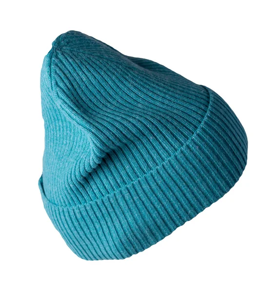 Mavi Örülmüş Şapka Beyaz Arka Planda Izole Edilmiş Sıcak Kış — Stok fotoğraf