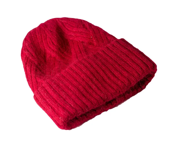 Chapeau Rouge Tricoté Isolé Sur Fond Blanc Accessoire Hiver Chaud — Photo