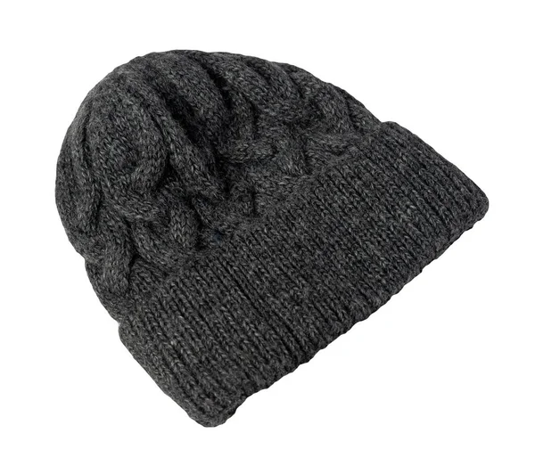 深灰色的帽子是在白色背景下编织而成的 暖冬饰物 — 图库照片