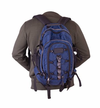 Koyu yeşil örülü mavi bir sırt çantası beyaz bir arka planda izole edilmiş bombardıman ceketi. Bir sırt çantası ve ceketin arka planı