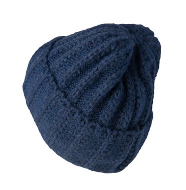 Koyu mavi şapka beyaz arka planda izole edilmiş. Sıcak kış aksesuarı