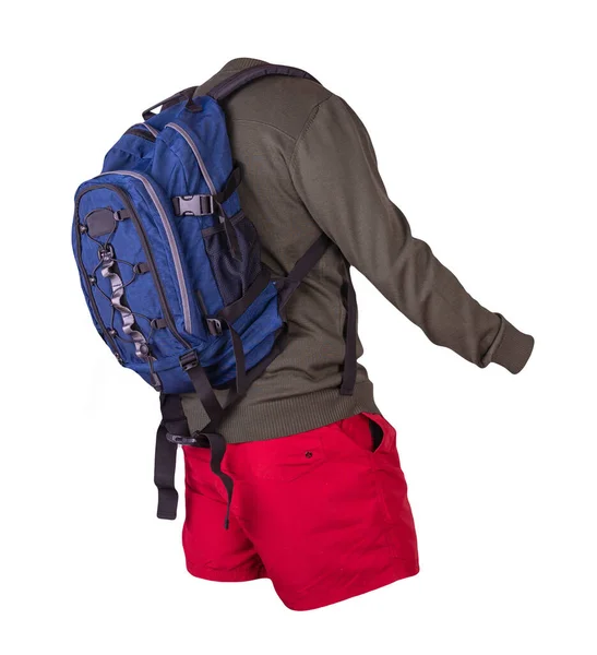 Blauer Rucksack Rote Shorts Dunkelgrüne Sommergestrickte Bomberjacke Auf Weißem Hintergrund — Stockfoto