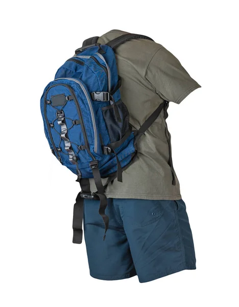 Jeansblauer Rucksack Dunkelblaue Sporthose Dunkelgraues Shirt Kleidung Für Jeden Tag — Stockfoto