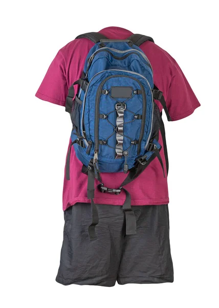 Denim Blue Backpack Black Sports Shorts Beige Shirt Isolated White — 图库照片
