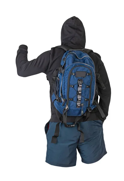 Jeansblauer Rucksack Schwarzes Sweatshirt Mit Kapuze Dunkelblaue Shorts Auf Weißem — Stockfoto