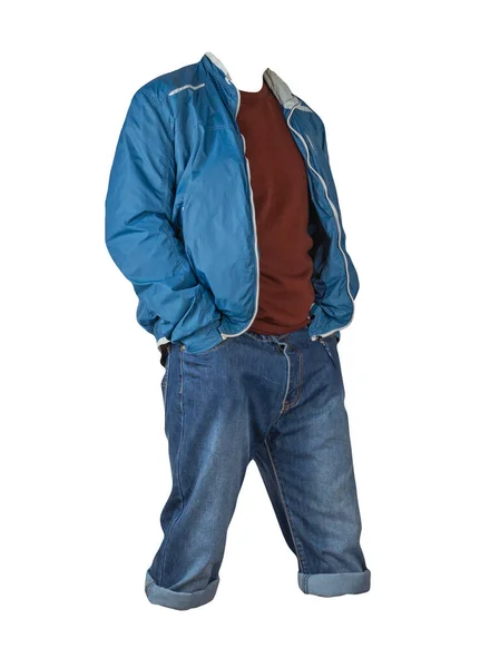 Jeansblaue Shorts Dunkelroter Pullover Und Blau Weiße Windjacke Reißverschluss Auf — Stockfoto