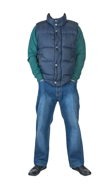 Veste Sans Manches Bleu Foncé Jean Bleu Pull Vert Chaussures — Photo