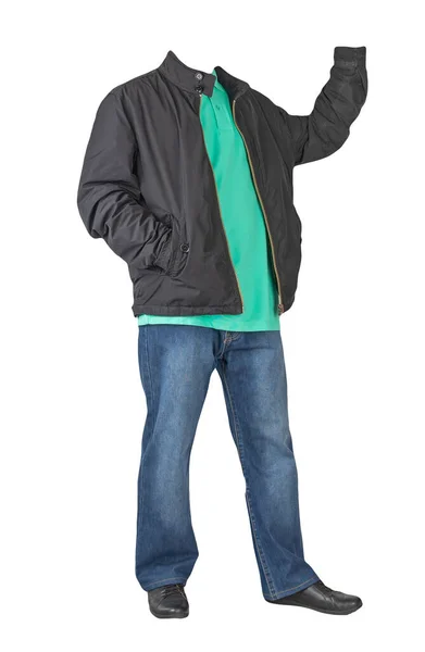 Jeans Blu Scuro Shirt Verde Chiaro Con Colletto Sui Bottoni — Foto Stock