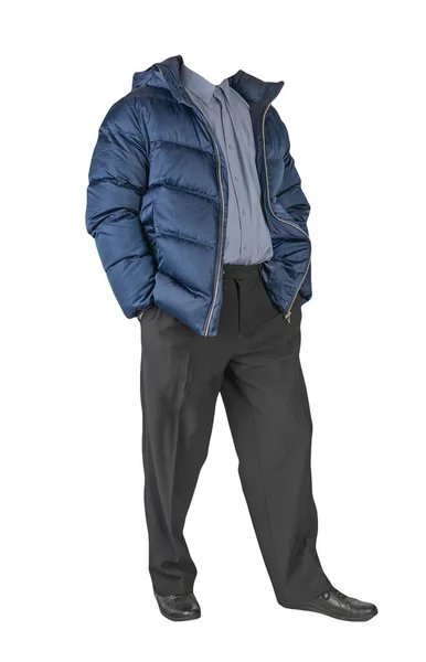 Masculino Azul Escuro Jaqueta Camisa Roxa Calças Pretas Sapatos Couro — Fotografia de Stock