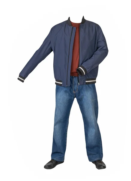 Dark Blue Jeans Dark Red Sweater Dark Blue Bomber Jacket — Stock Photo, Image