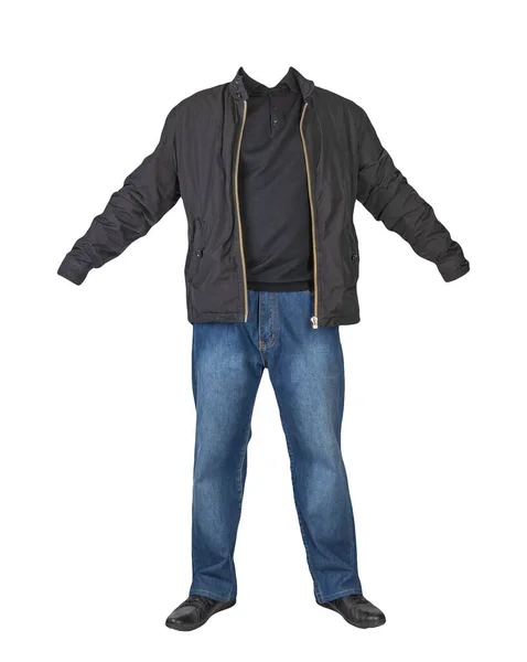 Dunkelblaue Jeans Schwarzer Pullover Schwarze Jacke Und Schwarze Lederschuhe Auf — Stockfoto