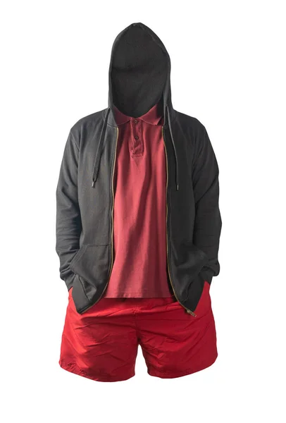 Camisola Preta Com Capuz Zíper Ferro Camiseta Vermelha Escura Shorts — Fotografia de Stock
