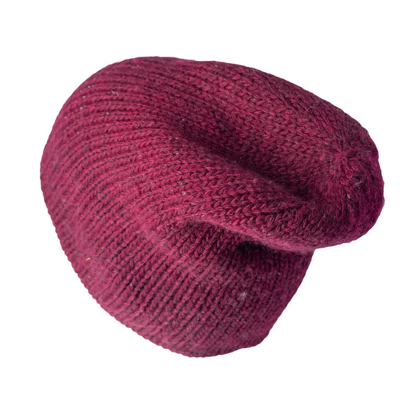 Chapeau Bordeaux Tricoté Isolé Sur Fond Blanc Accessoire Hiver Chaud — Photo