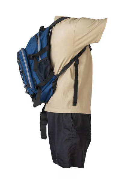 Jeansblauer Rucksack Schwarze Sporthose Beiges Shirt Kleidung Für Jeden Tag — Stockfoto