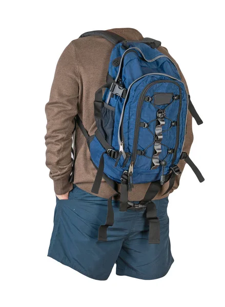 Blue Backpack Dark Blue Shorts Brown Sweater Isolated White Background — 图库照片