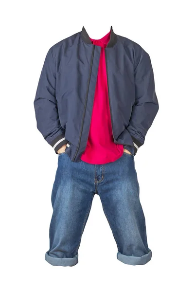 Jeansowe Ciemnoniebieskie Szorty Czerwony Shirt Kołnierzem Guzikach Granatową Kurtkę Bombową — Zdjęcie stockowe