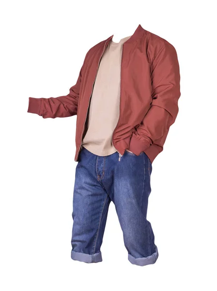 Denim Blå Shorts Beige Shirt Och Röda Bombplan Jacka Dragkedja — Stockfoto