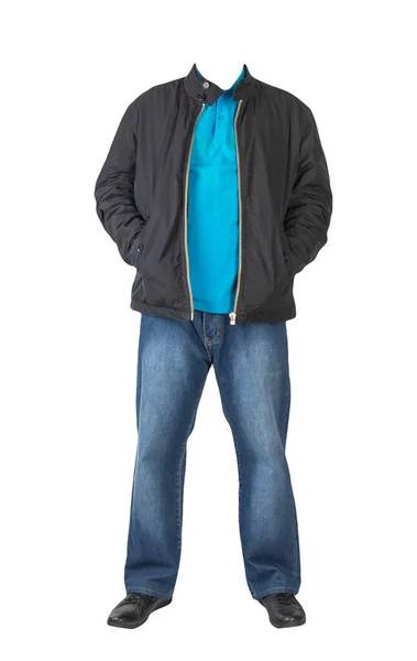 Dunkelblaue Jeans Blaues Shirt Mit Kragen Den Knöpfen Schwarze Jacke — Stockfoto
