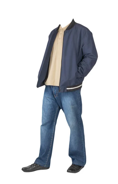 Mörkblå Jeans Beige Shirt Med Krage Knappar Mörkblå Bombare Jacka — Stockfoto