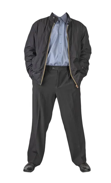 Mužská Černá Bunda Fialová Košile Černé Kalhoty Černé Kožené Boty — Stock fotografie