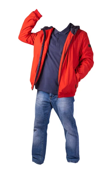 Giacca Rossa Camicia Blu Scuro Jeans Blu Isolati Sfondo Bianco — Foto Stock