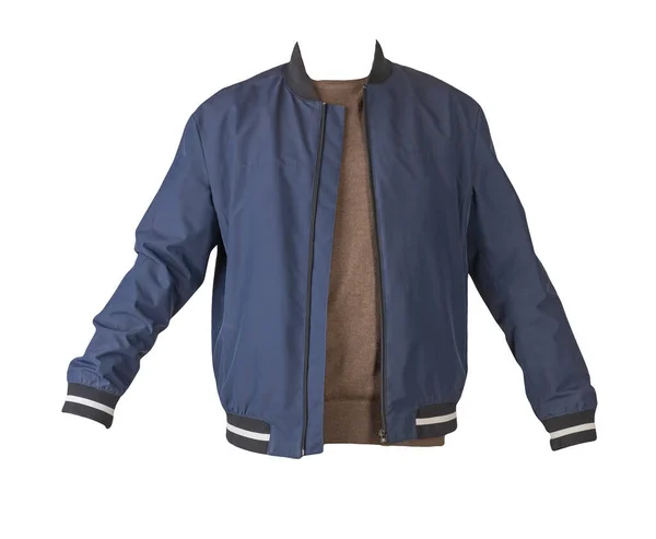 Dark Blue Bomber Jacket Hood Brown Sweater Isolated White Background — Stock Photo, Image