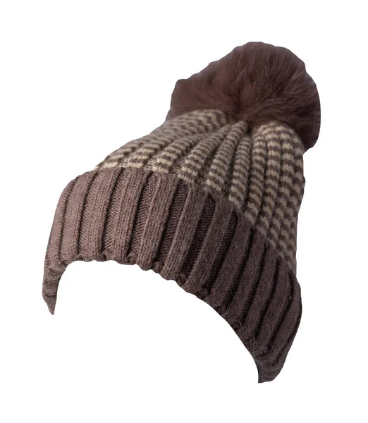 Cappello Marrone Beige Donna Lavorato Maglia Con Pompon Isolato Sfondo — Foto Stock