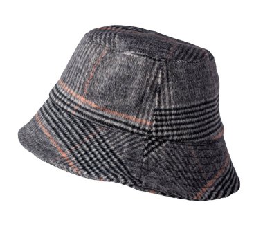 Beyaz arkaplanda izole edilmiş gri pembe yün şapka. Balıkçı şapkası, İrlanda şapkası, oturum şapkası, panama..