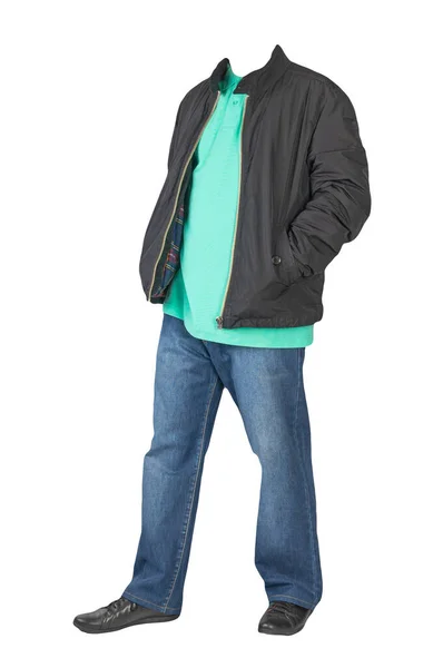 Dunkelblaue Jeans Hellgrünes Shirt Mit Kragen Den Knöpfen Schwarze Jacke — Stockfoto