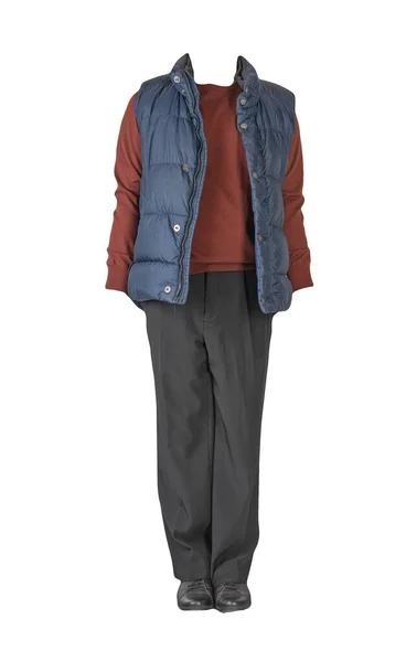 Jaqueta Sem Mangas Azul Escuro Calças Pretas Camisola Vermelha Escura — Fotografia de Stock