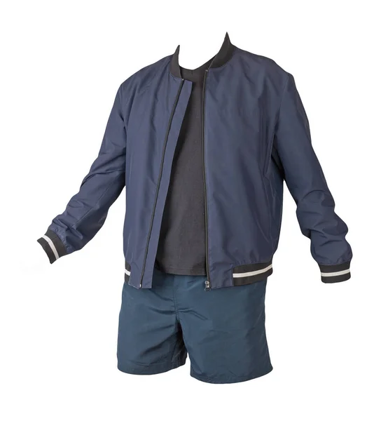 Mens Jaqueta Bombardeiro Azul Escuro Shirt Preta Esportes Calções Azuis — Fotografia de Stock