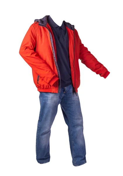 Giacca Rossa Camicia Blu Scuro Jeans Blu Isolati Sfondo Bianco — Foto Stock