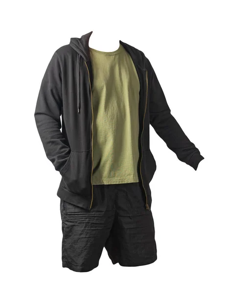 Black Sweatshirt Iron Zipper Hoodie Olive Shirt Black Sports Shorts — Stock Photo, Image