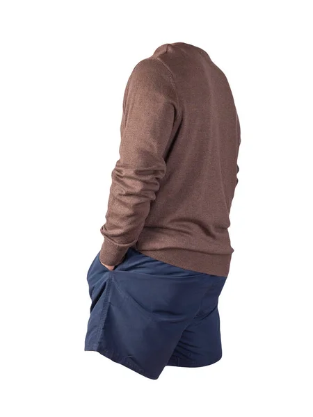 Gebreide Bruine Trui Donkerblauwe Shorts Geïsoleerd Witte Achtergrond Modieuze Kleding — Stockfoto