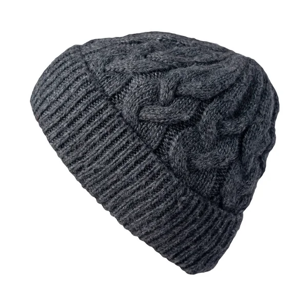 深灰色的帽子是在白色背景下编织而成的 暖冬饰物 — 图库照片