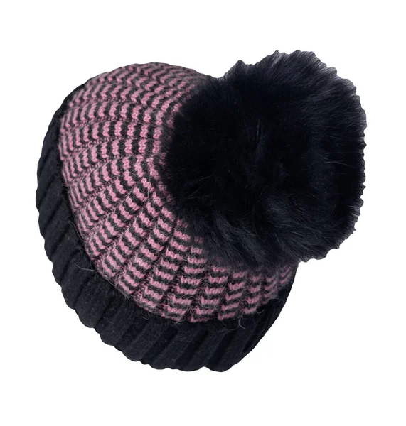 女式粉红黑帽 与白色背景隔离的浮雕编织而成 暖冬饰物 — 图库照片