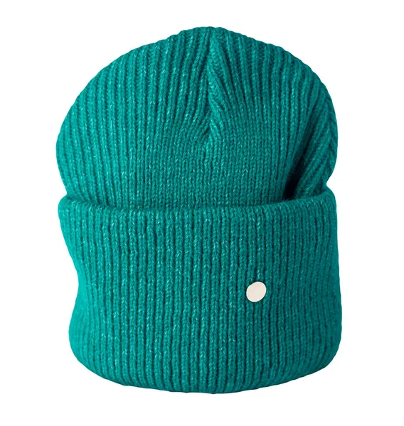 Cappello Verde Lavorato Maglia Isolata Fondo Bianco Caldo Accessorio Invernale — Foto Stock