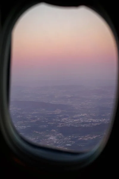 Sunset View Airplane Window Porto Portugal — Stock Photo, Image