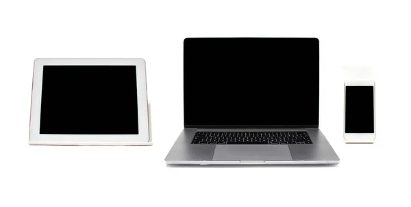 Zestaw Tabletów Cyfrowych Smartfonów Laptopów Czarnym Ekranem Odizolowanym Białym Tle — Zdjęcie stockowe