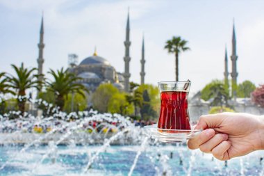 Türkiye 'nin İstanbul kentindeki Sultanahmet Camii' nin (diğer adıyla Sultanahmet Camii) önünde geleneksel Türk çayıyla el ele tutuşan kadın. İstanbul 'un başlıca eğlenceleri.
