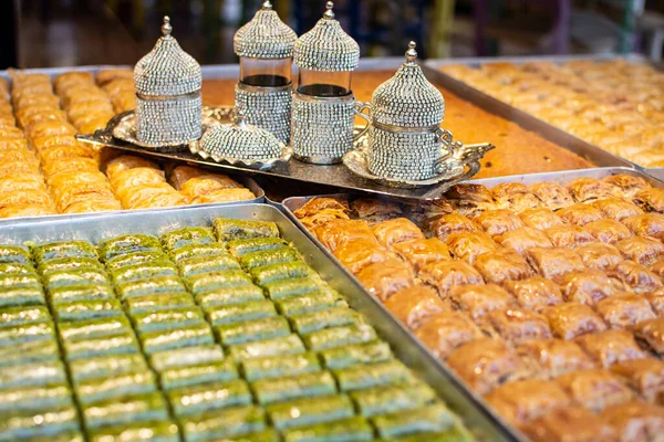 Traditional Turkish Dessert Baklava Turkish Coffee Stall Sweets Iftar — Stock Photo, Image