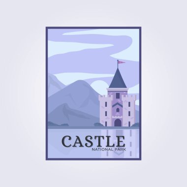 Castle Illustrasyon poster vektörü, pankart göl su tasarımı ikonu manzara, güzel poster, kaleli manzara posteri