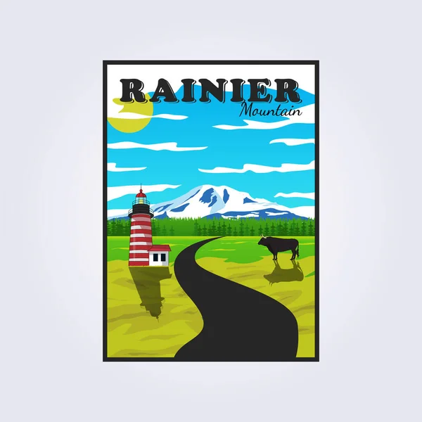 워싱턴 레이니어 Rainier Mountain 포스터 빈티지 디자인 플린트 등대와 버팔로 — 스톡 벡터