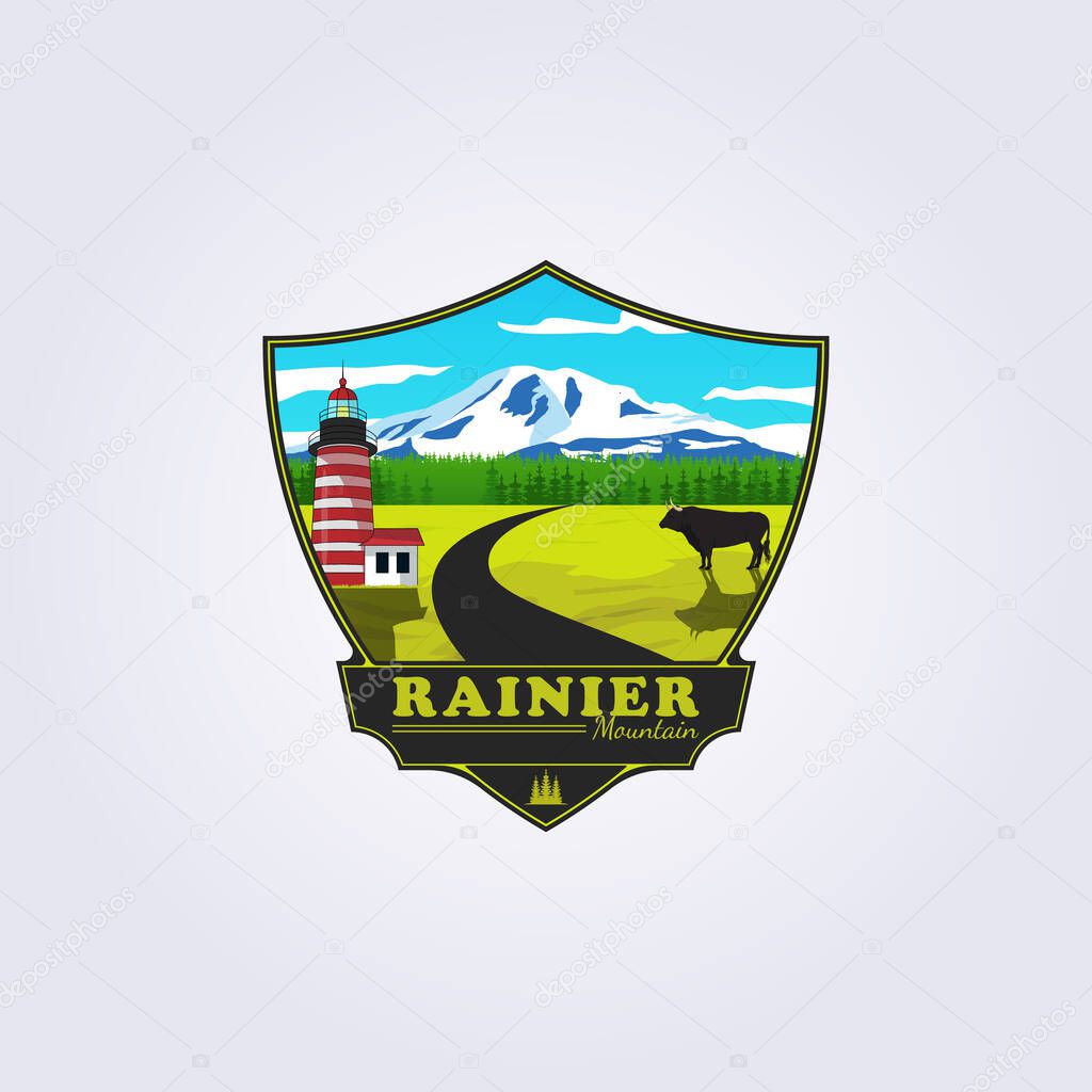 Rainier mountain, livestock, farmland logo vector illustration design in badge