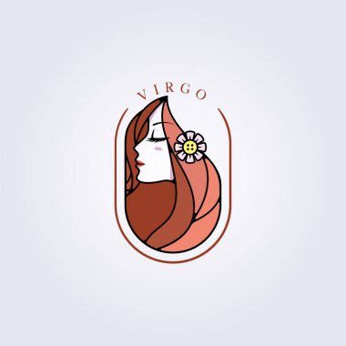 Güzel kırmızı kız ya da kadın, başak burcu simgesi logo vektör illüstrasyon rozeti tasarımı modern güzellik logosu amblemi