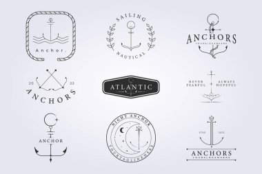 Denizci rozetlerinin çapa seti logo, baskı, giyim, gömlek, ikon, etiket için vektör çizimi. çeşitli koleksiyon paketleri okyanus korsan denizcilik ikonu çizgi sanatı ve dövme stili