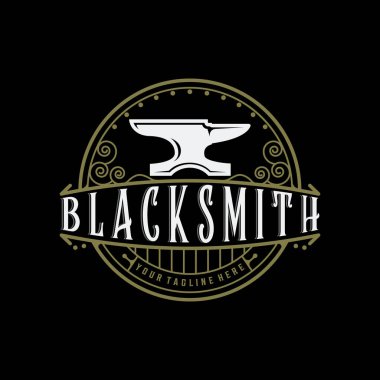 Demirci örs klasik vektör logosu çizim şablonu ikon tasarımı. Tipografi geçmişi olan profesyonel işçiler için atölye metal endüstrisi