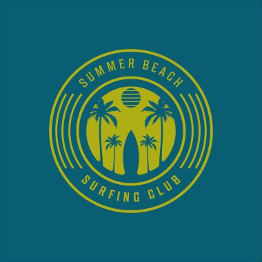 Plaj logosu klasik vektör illüstrasyon şablonu ikon tasarımı sörfü. Cennet palmiyesi ve hindistan cevizi ağacı eski rozet anahatlarıyla tipografi stili kavramı