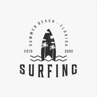 Plaj logosu klasik vektör logosu resimleme ikon tasarımı sörfü. tipografi tarzlı cennet retro sembolü